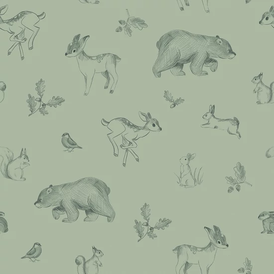 erdei állatok, világos zöld - tapéta