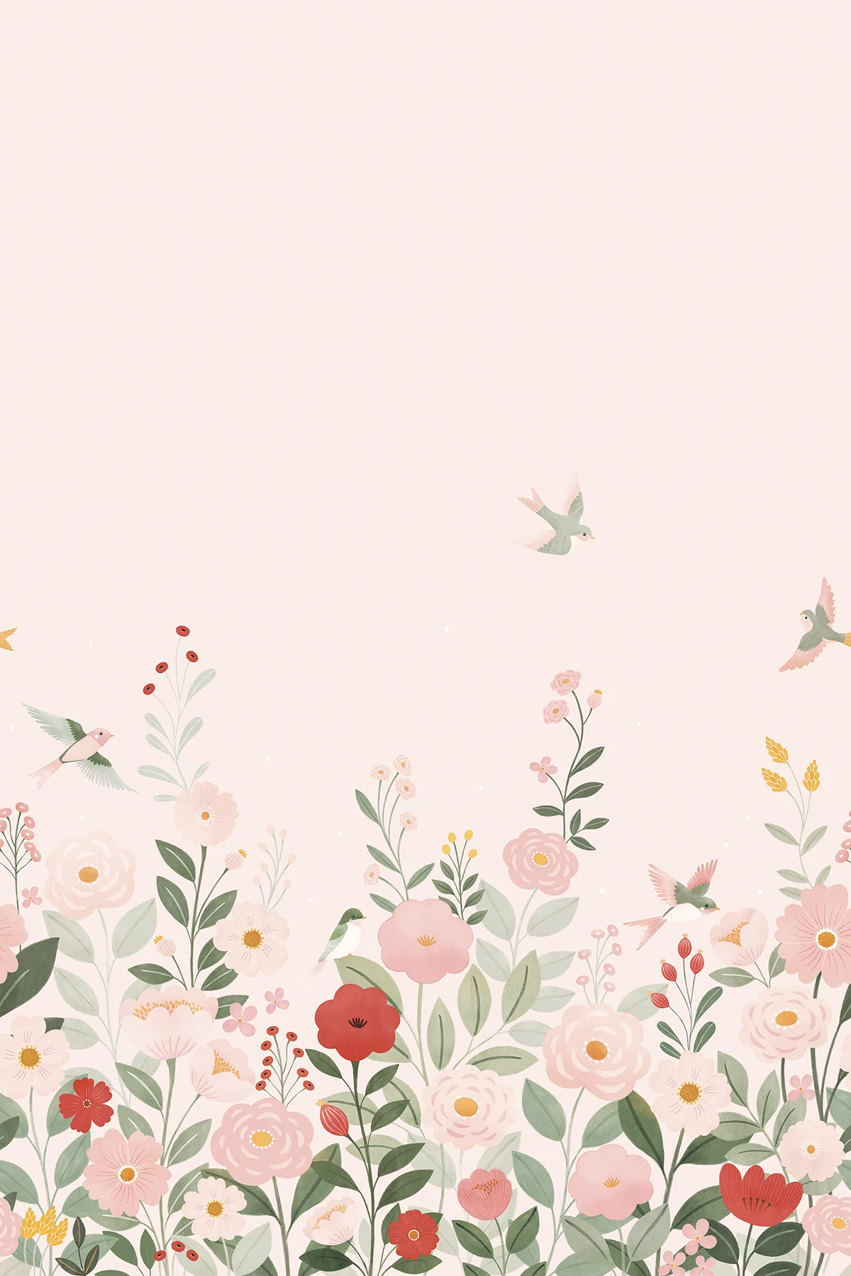 Madárdal és virágillat óriás dekor tapéta gyerekszobába, rózsaszín alapon - Lilipinso